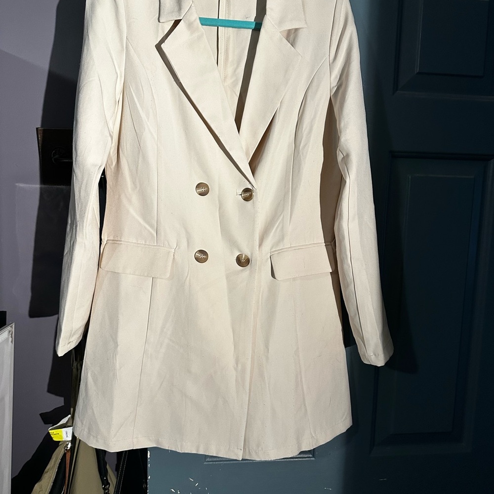 Workshop Republic Clothing Cream Double-Breasted Long Blazer